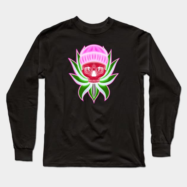 Pink and Green Neon Skull with Hat in Lotus flower T-Shirt Long Sleeve T-Shirt by Print Art Station